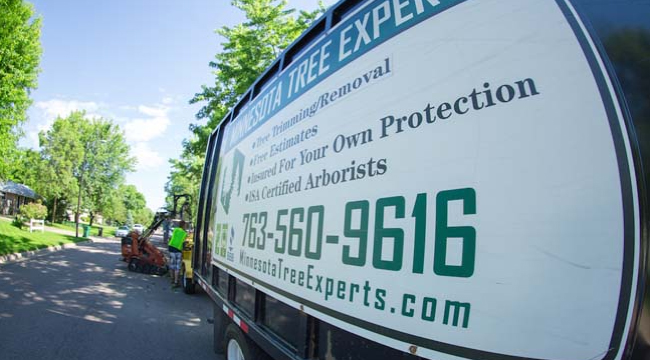 side view of truck with phone number - Minnesota Tree Experts Tree Trimming, Removal and Disease Care