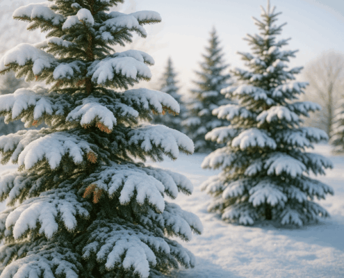Snow-covered Minnesota evergreens showing early signs of winter burn.