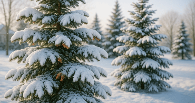 Snow-covered Minnesota evergreens showing early signs of winter burn.