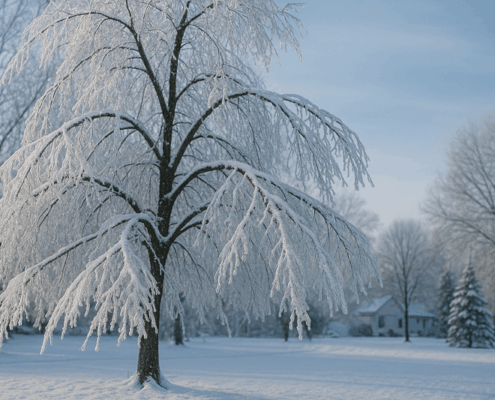 Minnesota Winters Ice and snow weighing down tree branches