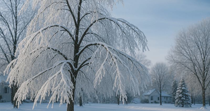 Minnesota Winters Ice and snow weighing down tree branches