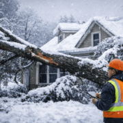 Damaged tree limb on snowy roof