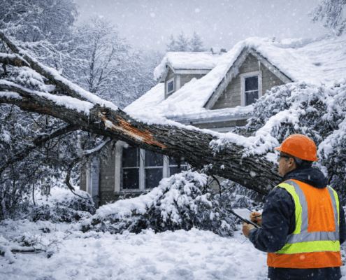 Damaged tree limb on snowy roof