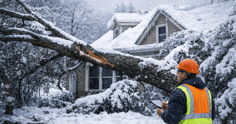 Damaged tree limb on snowy roof